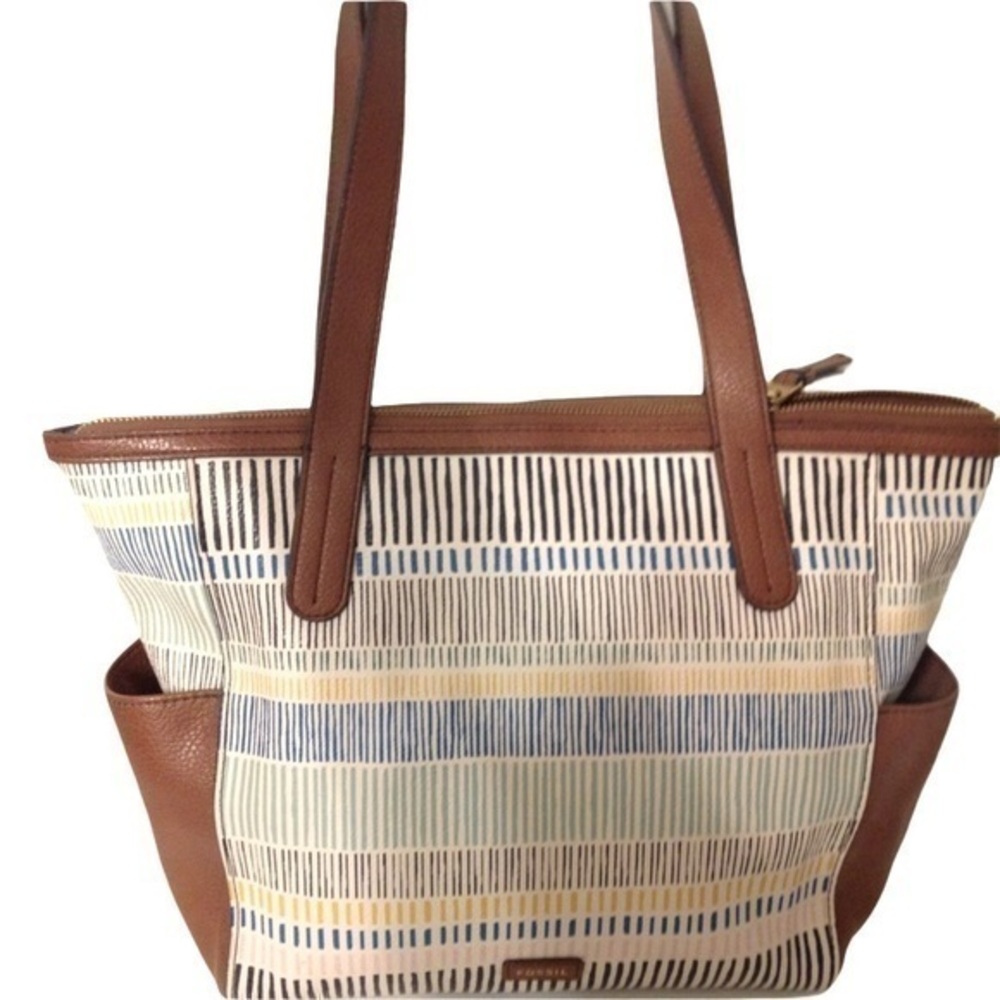 Fossil coated canvas and leather zippered tote bag